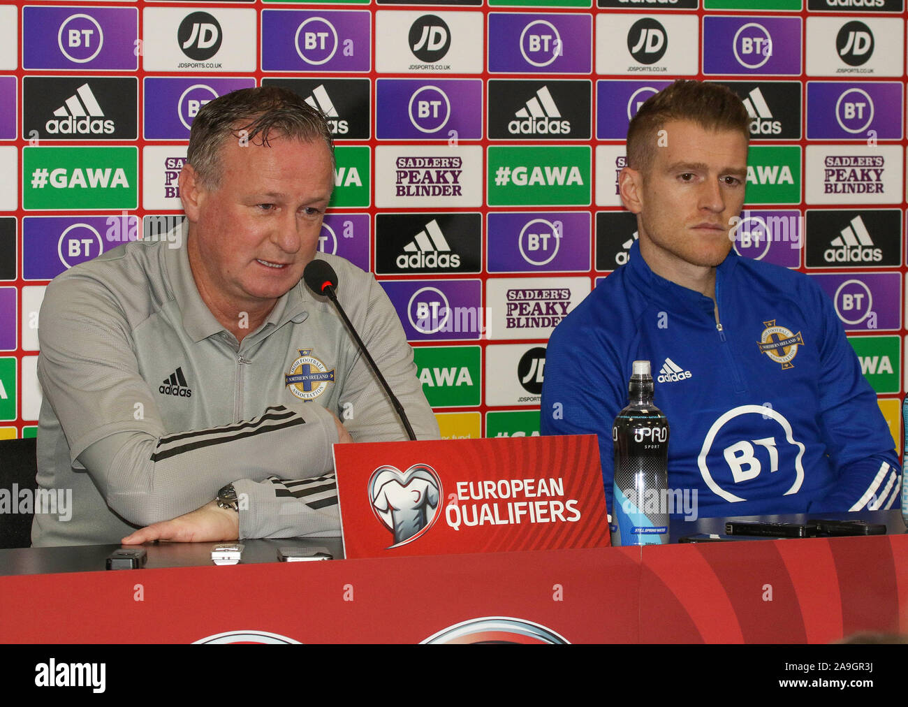 Windsor Park, Belfast, Nordirland, Irland. 15. Nov 2019. Nordirland Pressekonferenz in Belfast. Nordirland spielen die Niederlande im Windsor Park morgen Abend in einer entscheidenden EM-Qualifikationsspiel 2020. Nordirland Manager Michael O'Neill, und Kapitän Steven Davis (rechts). Quelle: David Hunter/Alamy leben Nachrichten Stockfoto