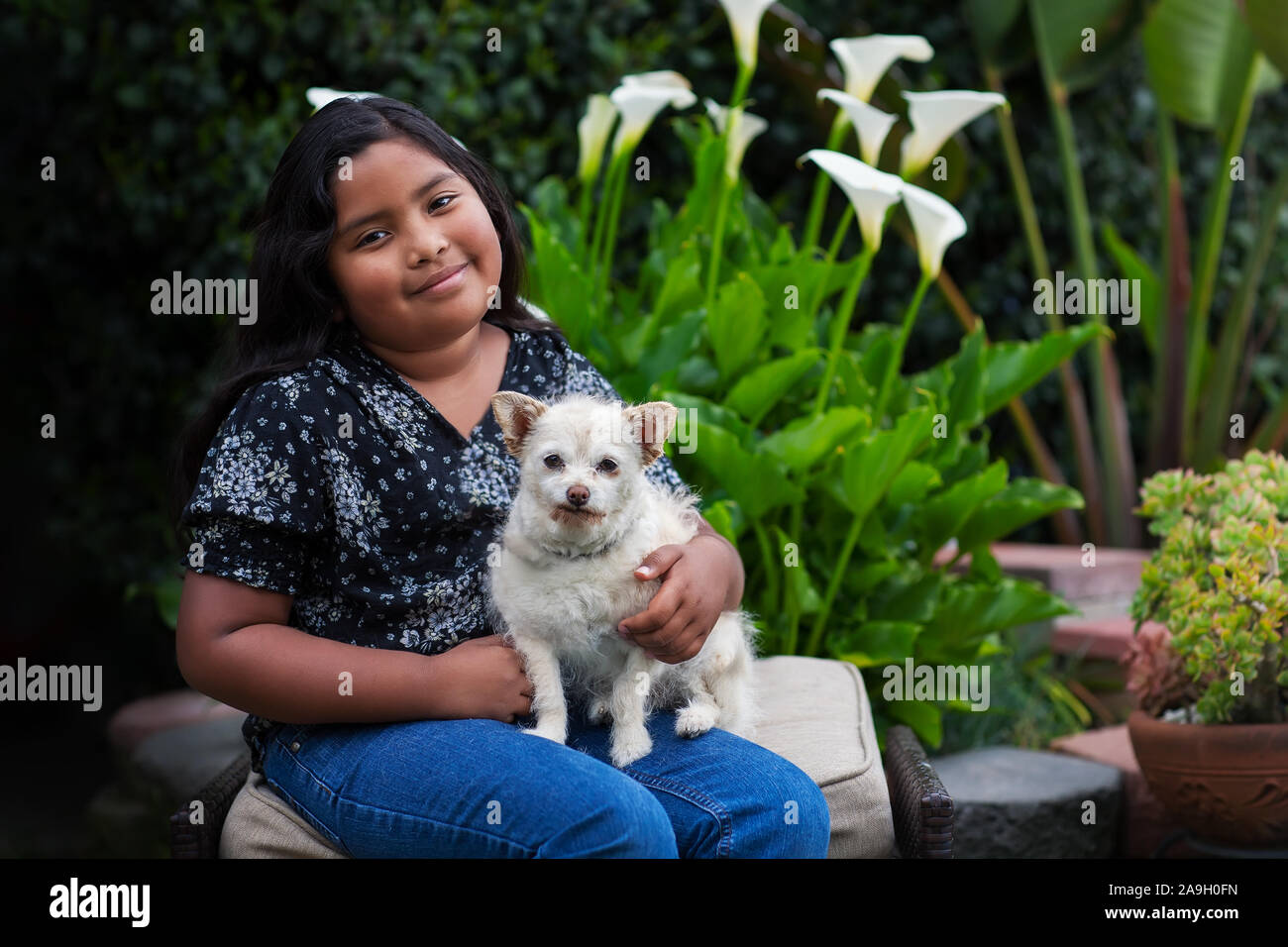 Eine süße Mexikanische junge Mädchen in ihrem Hinterhof sitzen mit ihrem Hund auf dem Schoß. Stockfoto