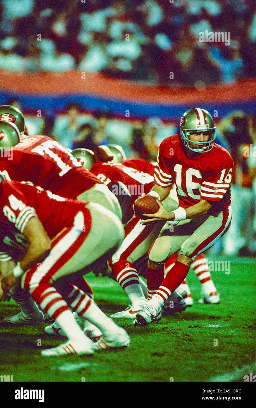 San Francisco 49ers Quarterback Joe Montana im Wettbewerb 1989 in der Superbowl. Stockfoto