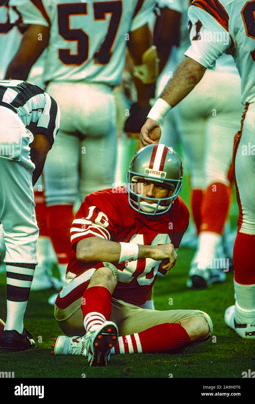 San Francisco 49ers Quarterback Joe Montana im Wettbewerb 1989 in der Superbowl. Stockfoto