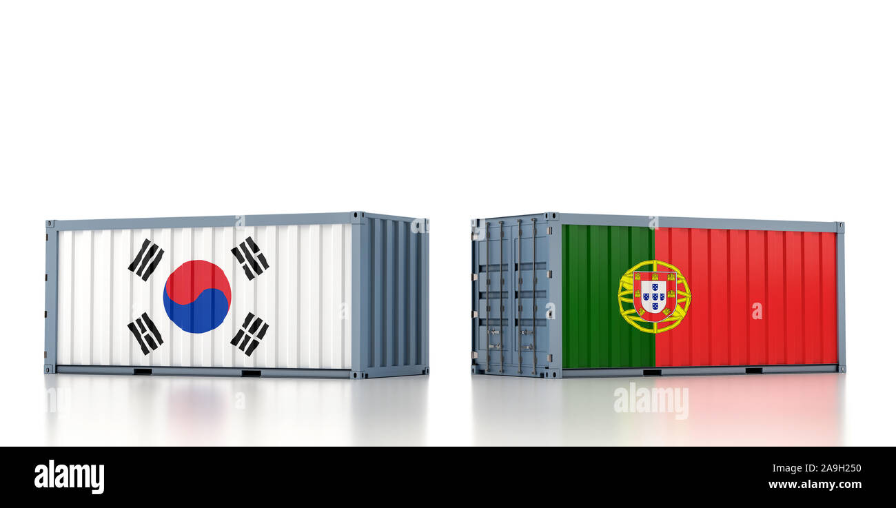 Zwei Frachtcontainer mit Südkorea und Portugal Flagge. 3D-Rendering Stockfoto