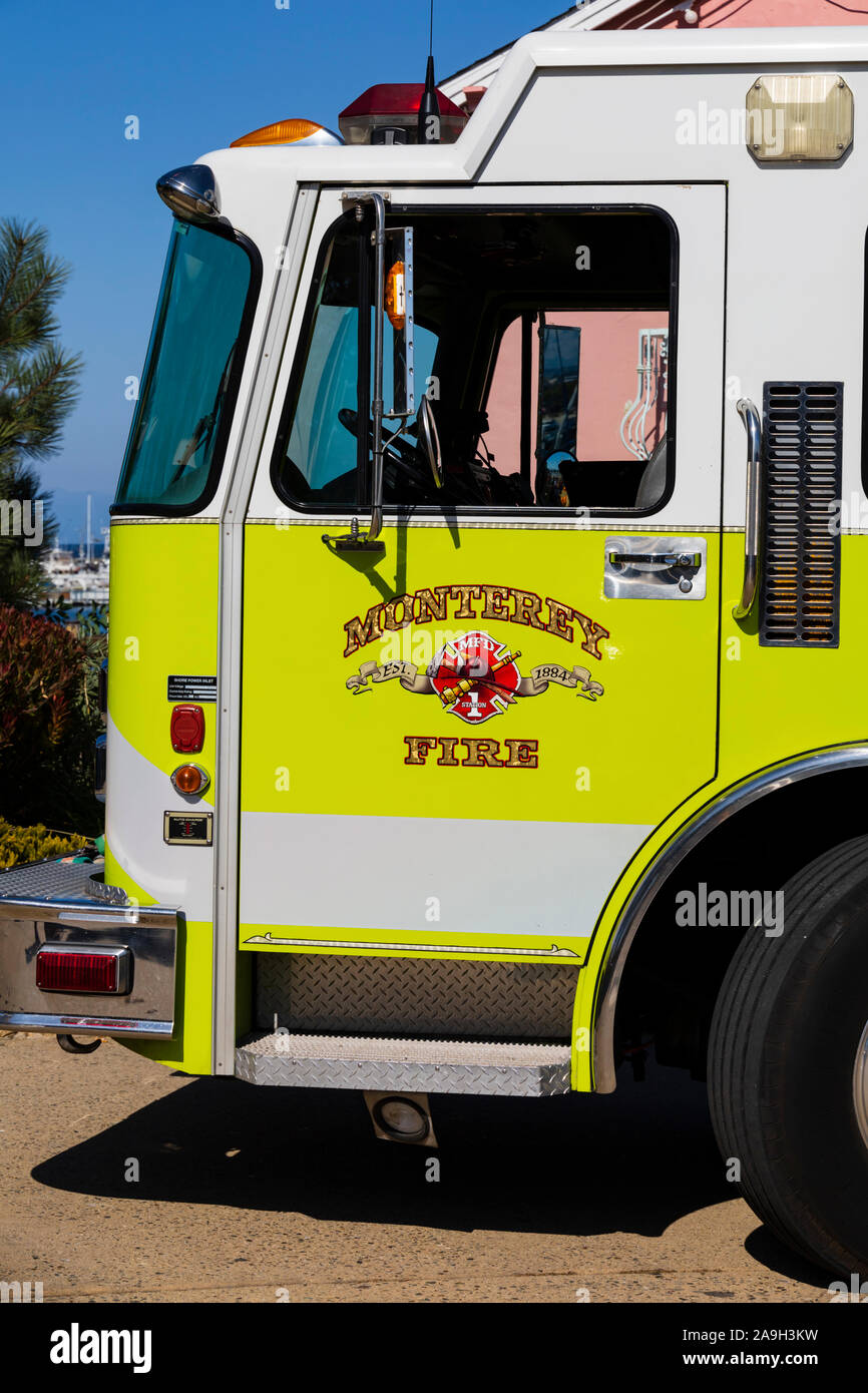 Monterey Feuerwehr pumper Ausschreibung. Fishermans Wharf, Monterey, Kalifornien, Vereinigte Staaten von Amerika Stockfoto