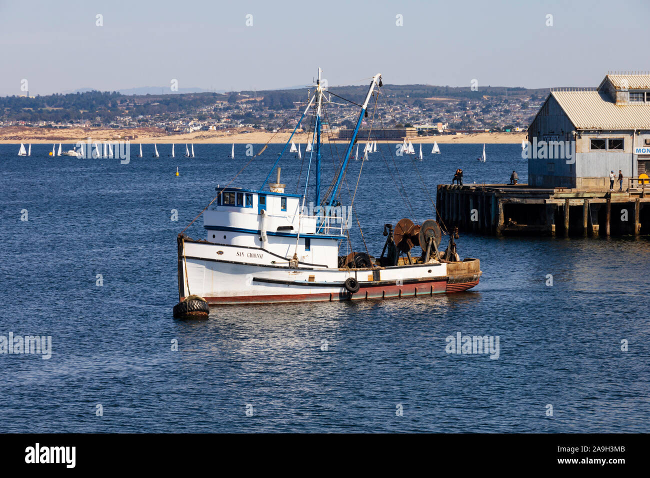 1960 Holz Fischerboot, Monterey, Kalifornien, Vereinigte Staaten von Amerika wiederhergestellt Stockfoto