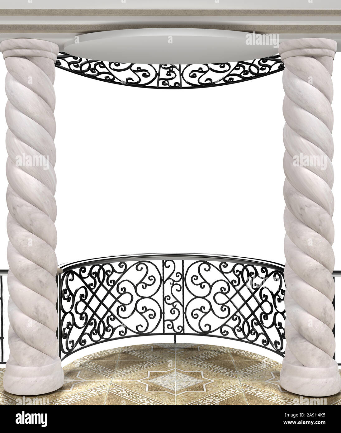 Balkon mit einem schmiedeeisernen Zaun und gewundenen Säulen auf einem weißen Hintergrund 3D-Abbildung 3D-Rendering Stockfoto