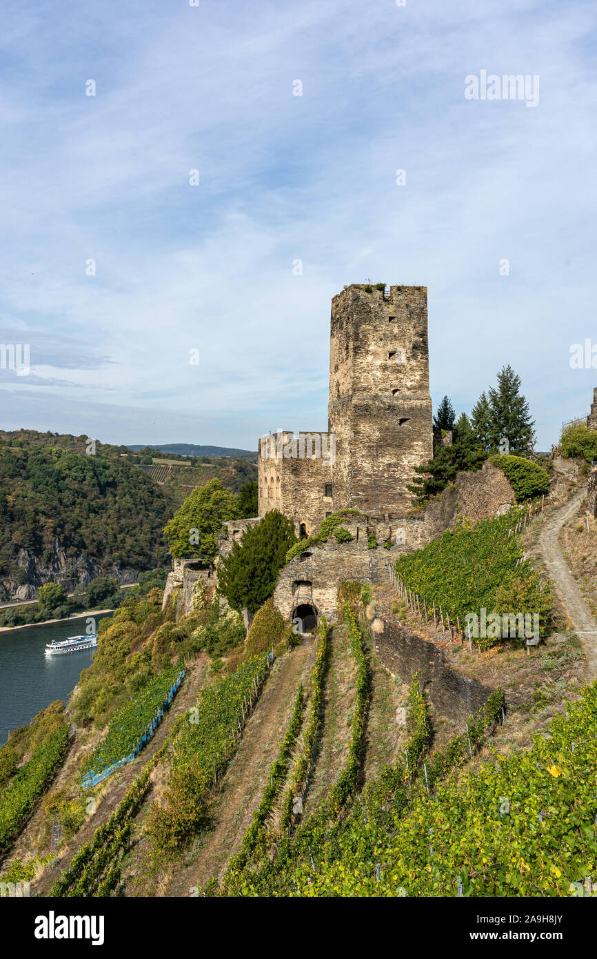 Blick auf die Burg Gutenfels auf rheinsteig Wanderweg im Mittelrheintal, Deutschland Stockfoto