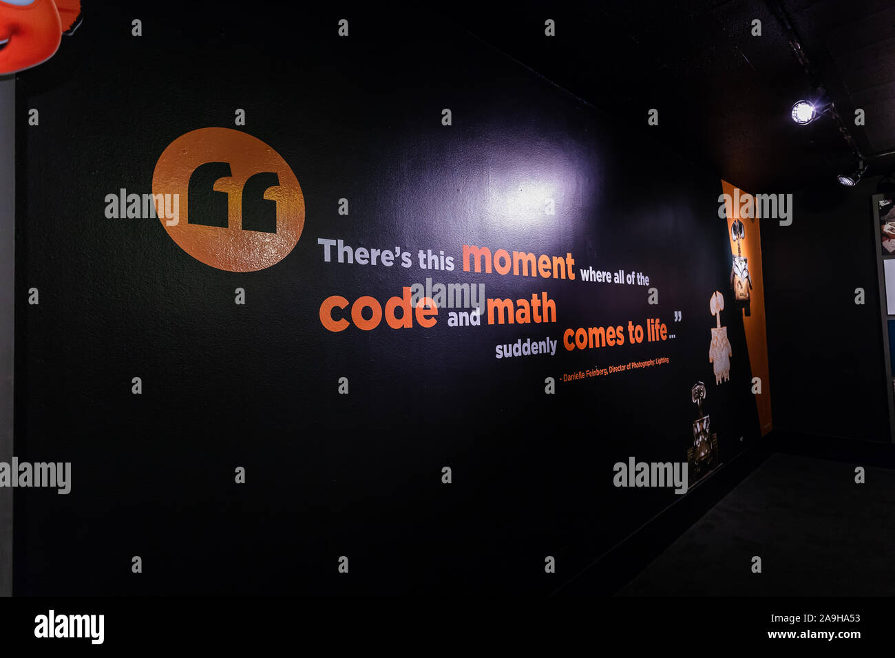 "Es ist dieser Moment, wo alle Codes und Mathematik plötzlich zum Leben erwacht." Zitat von Pixar Ausstellung im Museum von Wissenschaft und Industrie in Chicago. Stockfoto