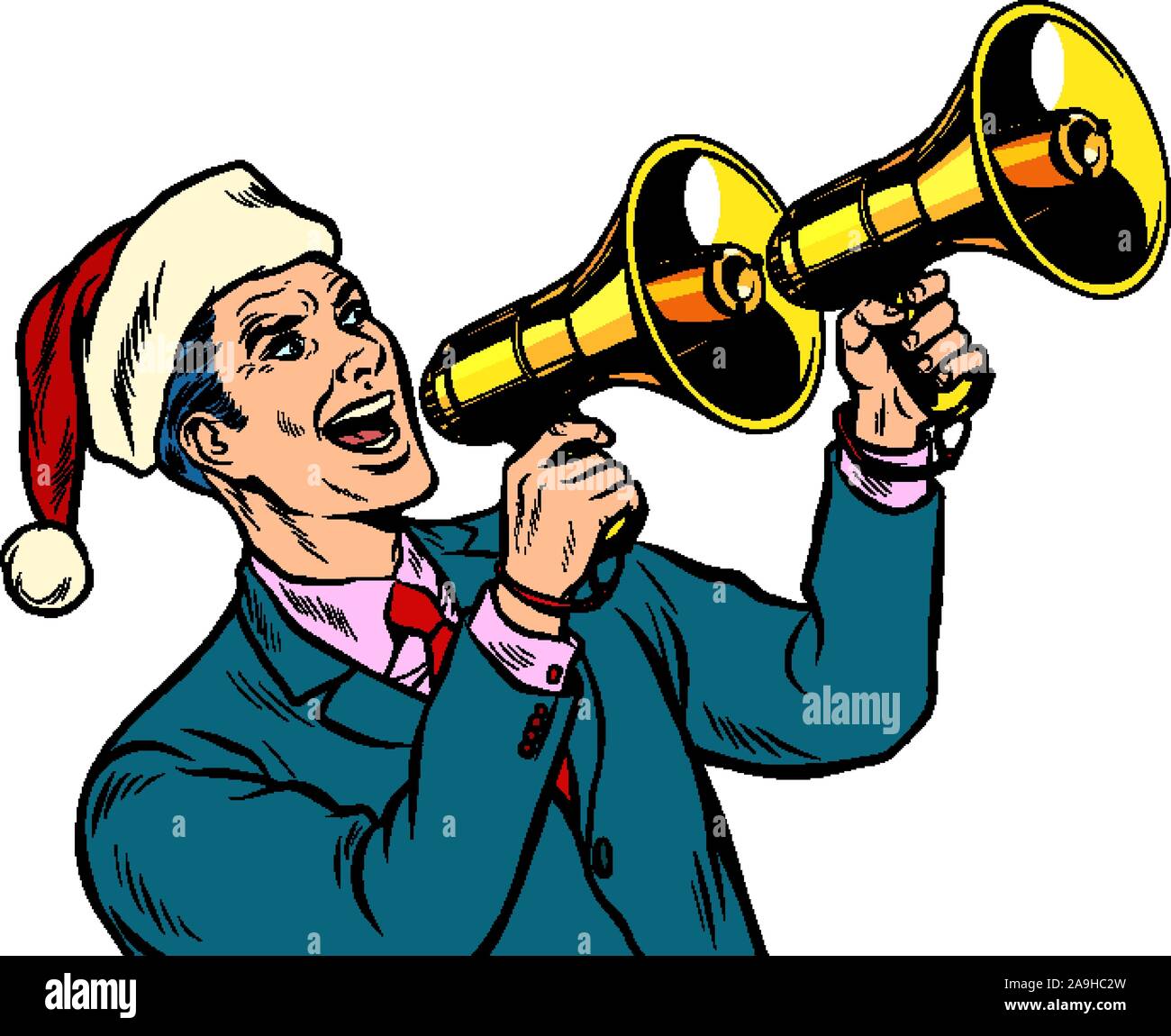 Weihnachten Verkauf. Geschäftsmann wirbt mit Megaphon Stock Vektor