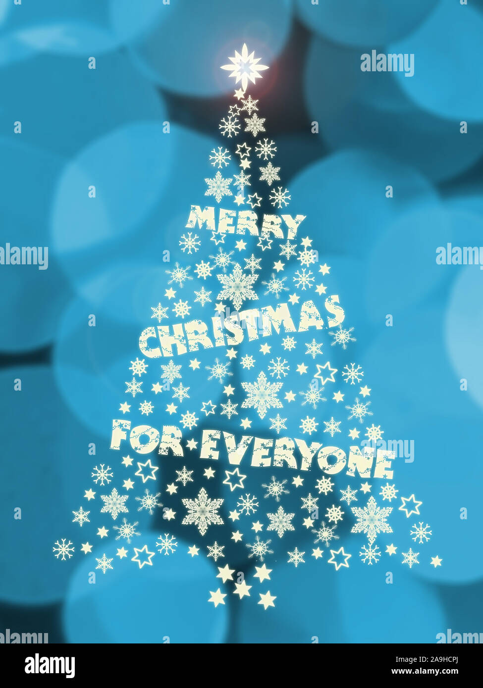 Abbildung: Weihnachtsbaum Aufkleber mit saisonalen Grüße auf bläulich bokeh Hintergrund Stockfoto