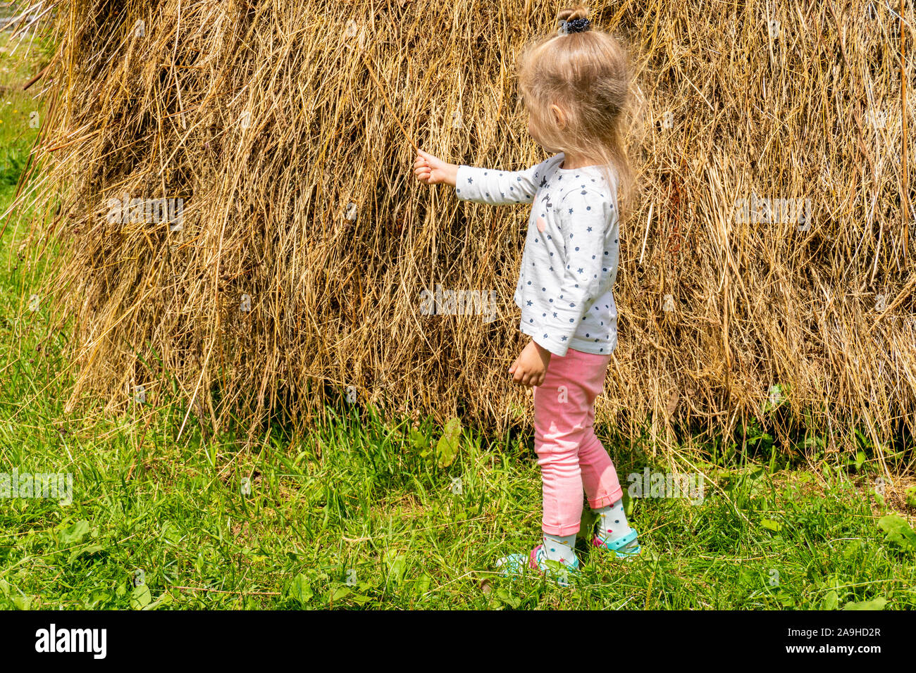 Kleines Mädchen berühren Heuhaufen am Bauernhof im Sommer Stockfoto