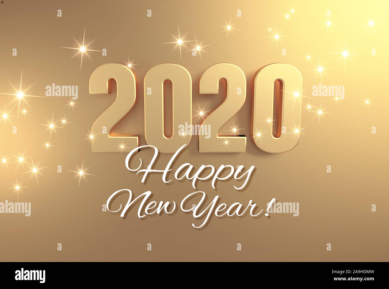 Grüße und ein Frohes Neues Jahr 2020 Datum Anzahl farbiger in Gold, auf eine festliche goldenen Hintergrund - 3D-Darstellung Stockfoto