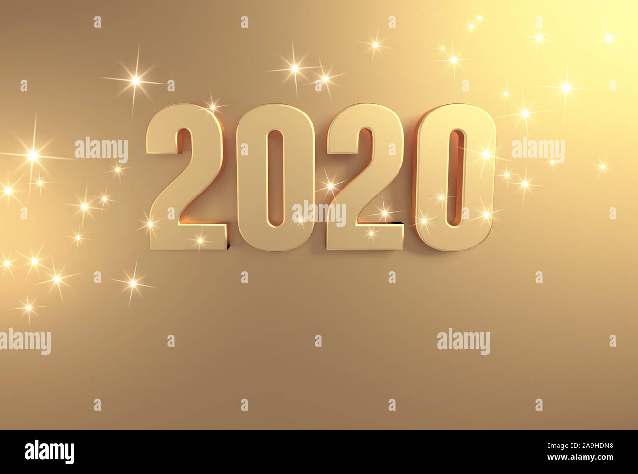 Neues Jahr: 2020 farbige in Gold, auf eine festliche goldenen Hintergrund - 3D-Darstellung Stockfoto