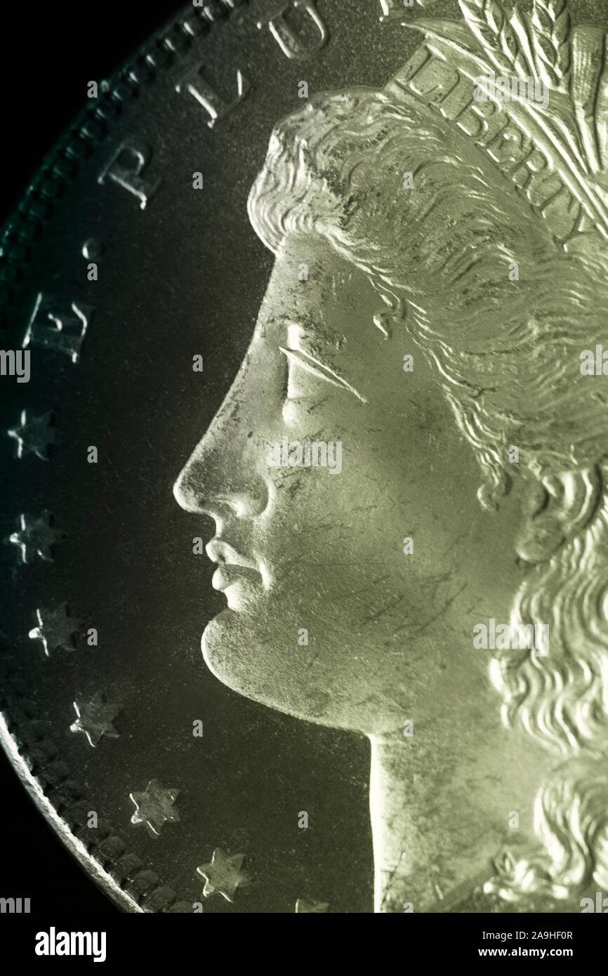 Profil von Miss Liberty auf dmpl Morgan Silver Dollar - Farbe gefiltert Stockfoto
