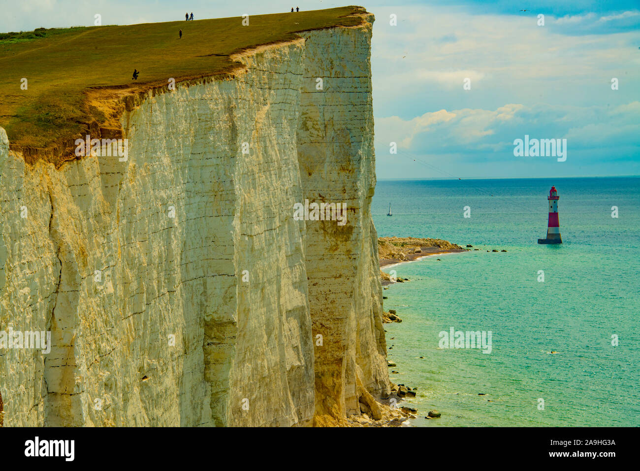 Hohe Klippen bei Beachy Head, South Downs National Park, England, Vereinigtes Königreich, Beachy Head Lighthouse, höchsten Klippen in England, Englischer Kanal Stockfoto
