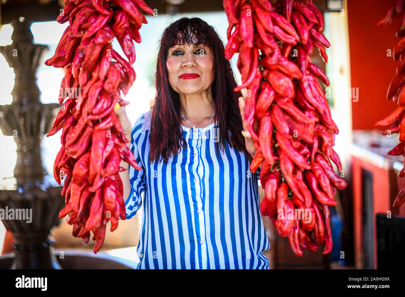 Der rote Chile Ristras in der Stadt Mazocahui, ist Teil der Route der Sonora, Mexiko. Gastronomie und Sonoran Tradition. Essen, Gemüse, Rot, Stockfoto