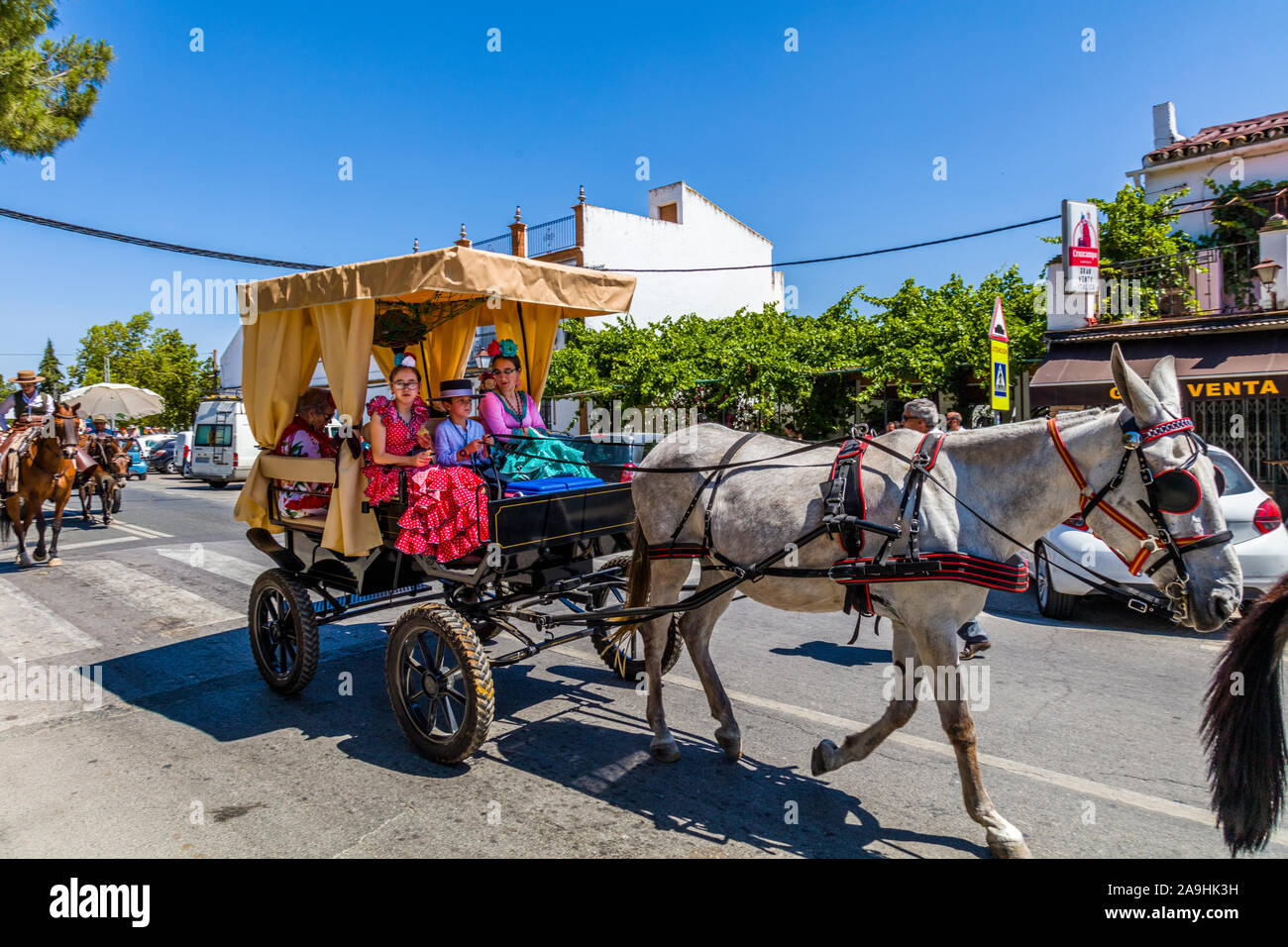 Die Romería de El Rocío oder El Rocío Wallfahrt, obwohl die Stadt Santiponce Spanien Stockfoto