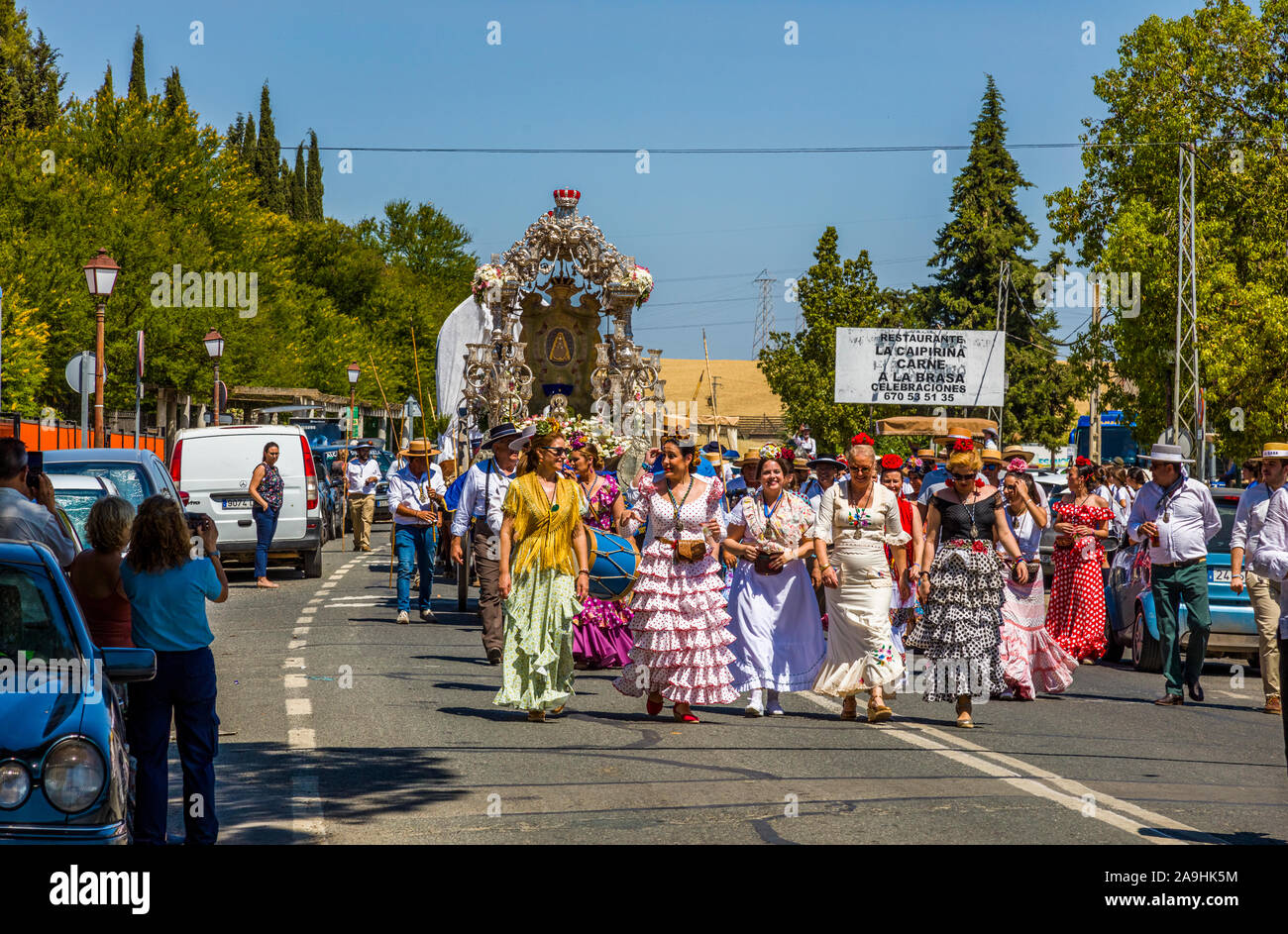 Die Romería de El Rocío oder El Rocío Wallfahrt, obwohl die Stadt Santiponce Spanien Stockfoto