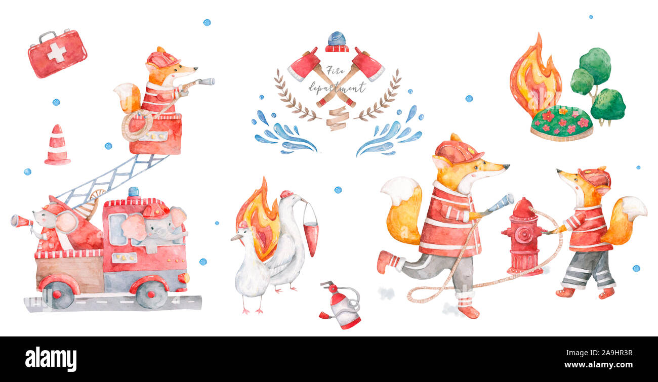 Aquarell niedlichen Cartoon kleine zwei Füchse löschen ein Feuer auf Bäume mit Wasser Baby bunte Kinderzimmer Clip Art isoliert Hintergrund Feuerwehrmann Tiere Set Stockfoto