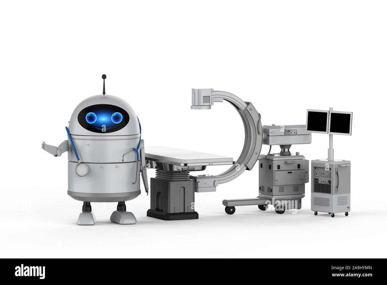 Medizintechnik Konzept mit 3D-rendering Android Roboter mit C-Arm Maschine Stockfoto
