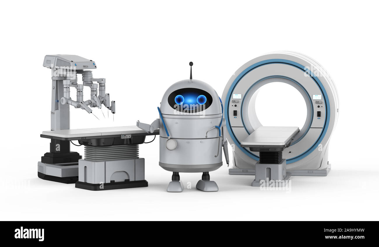 Medizintechnik Konzept mit 3D-rendering Android Roboter mit MRT-Gerät und Chirurgie Roboter Scan Stockfoto