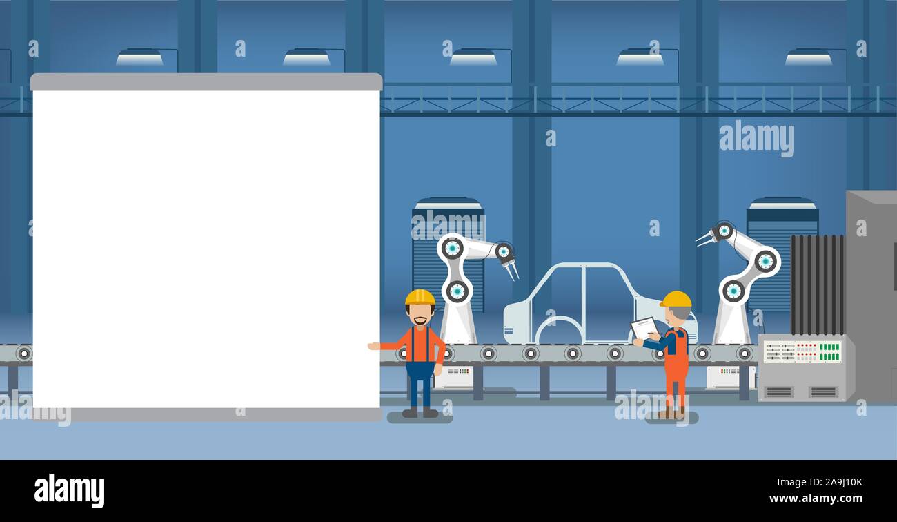 Leerer Bildschirm im Automobilwerk mit Roboter Montagelinie und Ingenieure flache Design Vector Illustration Stock Vektor