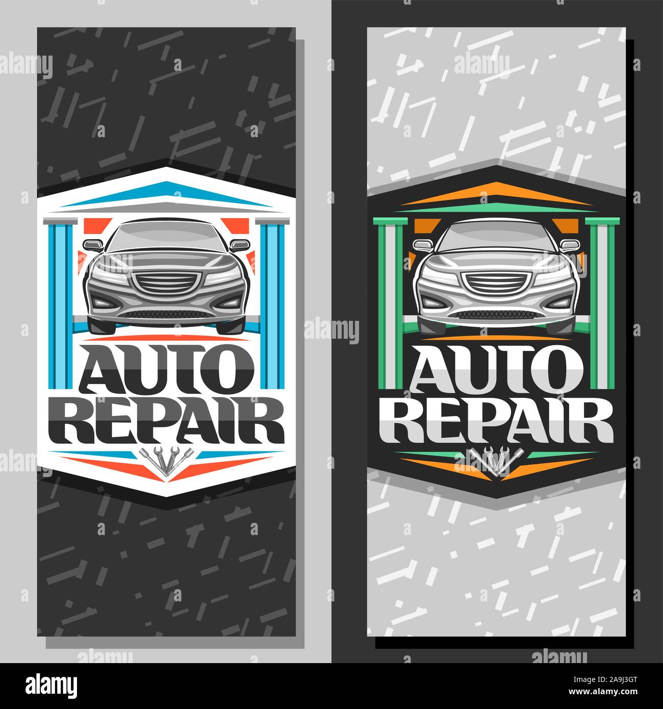 Vektor Banner für Auto Reparatur, dekorative Schild mit angehobenen Fahrzeug auf Hebebühne für diagnostische, original Schriftzug für Wörter Auto Reparatur, der pro Satz Stock Vektor