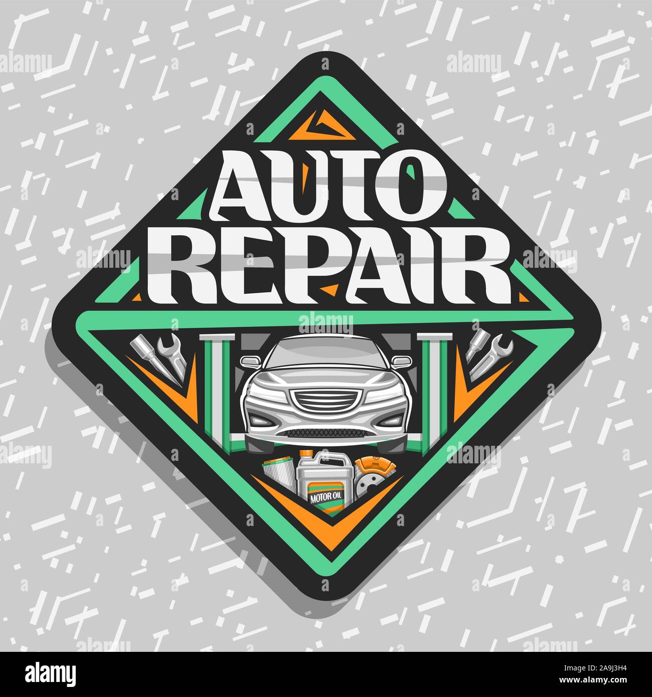 Vektor logo für Auto Reparatur, schwarz dekorative Namensschild mit Fahrzeug auf grünen Aufzug für diagnostische, original Schriftzug für Wörter Auto Reparatur, Straße Stock Vektor