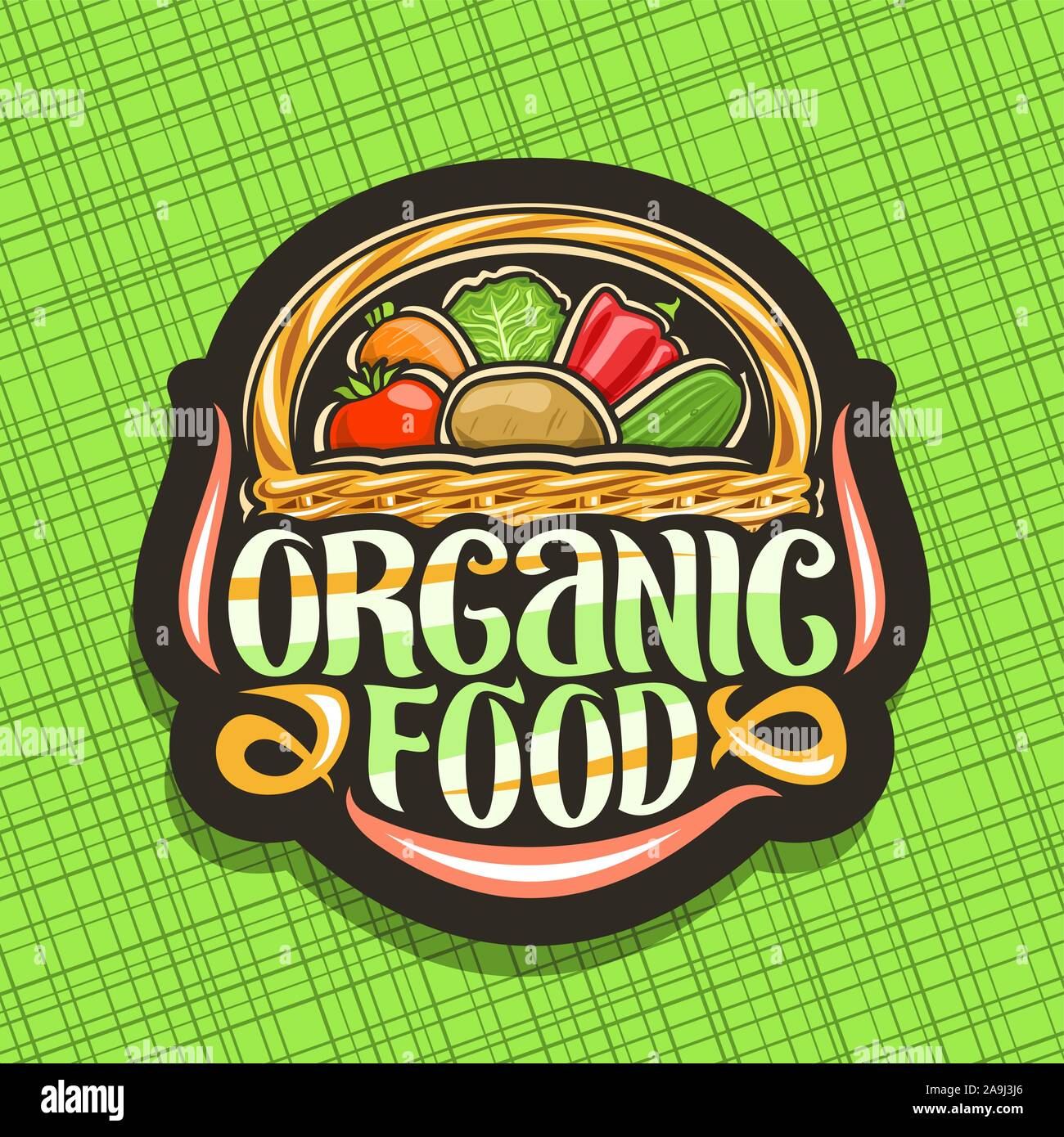 Vektor Logo für ökologische Lebensmittel, dunkle Abzeichen mit Heap verschiedene Gemüse, dekorativen Beschriftung für Worte Bio-Lebensmittel, Illustration von Design signboa Stock Vektor