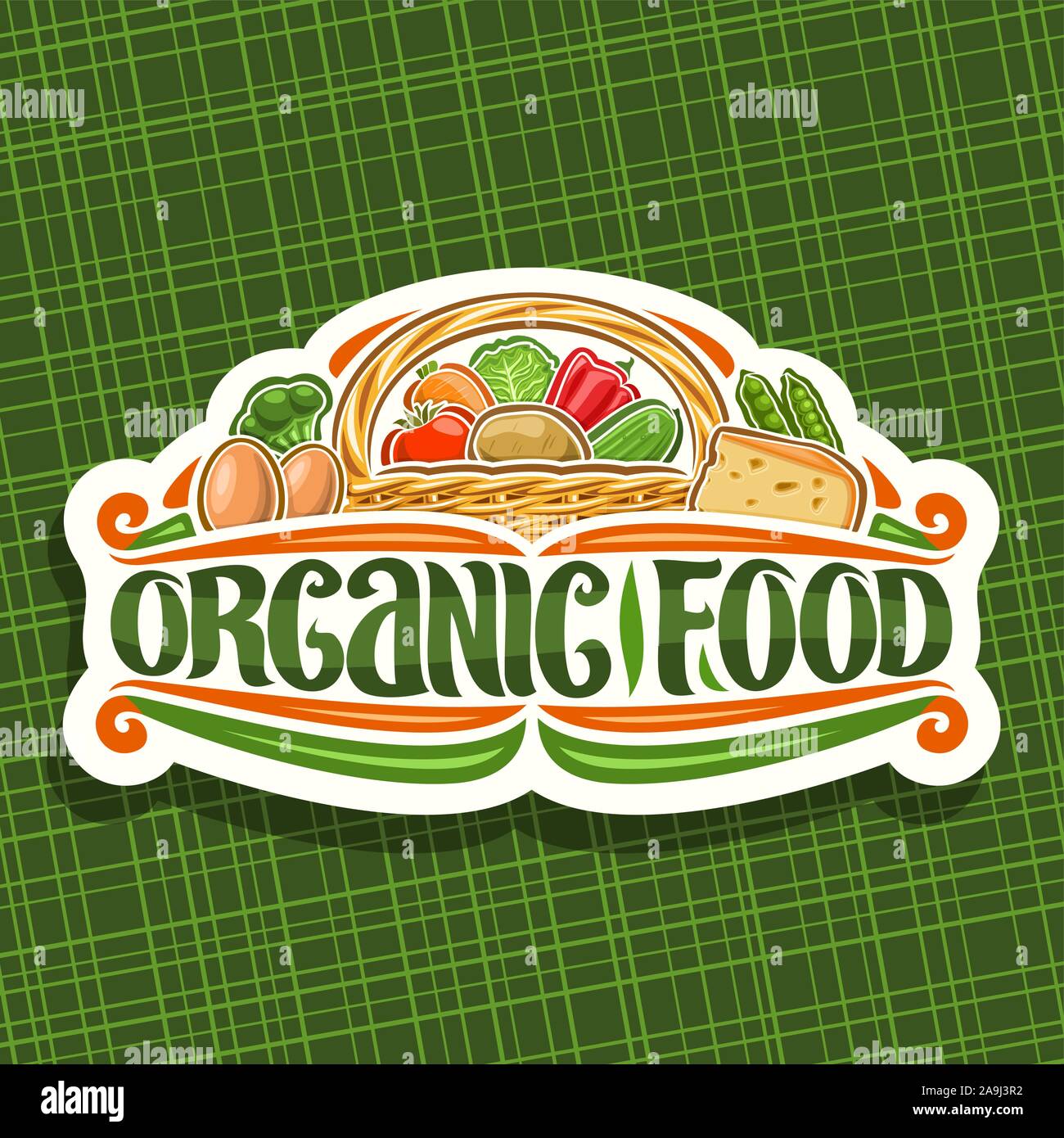Vektor Logo für ökologische Lebensmittel, Papier schneiden Schild mit Haufen verschiedene Cartoon veggies, dekorativen Beschriftung für Worte Lebensmittel aus biologischem Anbau, der nachhaltigen Stock Vektor