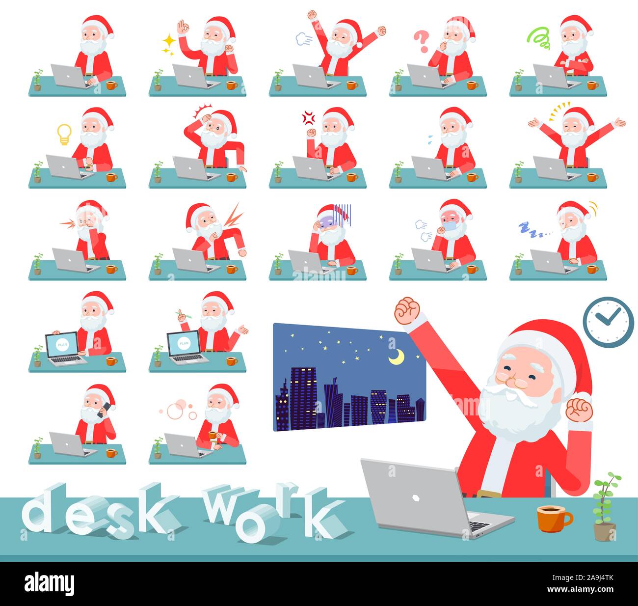 Eine Reihe von Santa Claus auf dem Schreibtisch arbeiten. Es gibt verschiedene Aktionen wie Gefühle und Müdigkeit. Es ist Vektor Kunst so ist es leicht zu bearbeiten. Stock Vektor