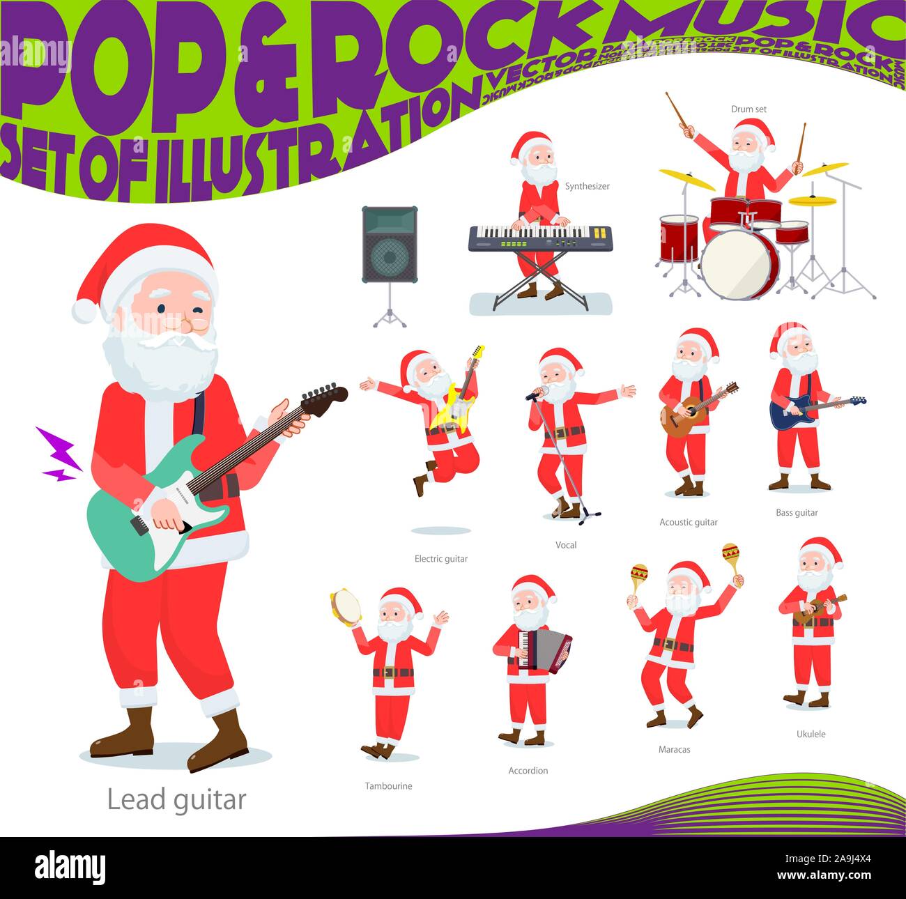 Eine Reihe von Santa Claus Spielen von Rock'n'Roll und Pop Musik. Es gibt auch verschiedene Instrumente wie Ukulele und Tamburin. Es ist Vektor Kunst so ist es eas Stock Vektor