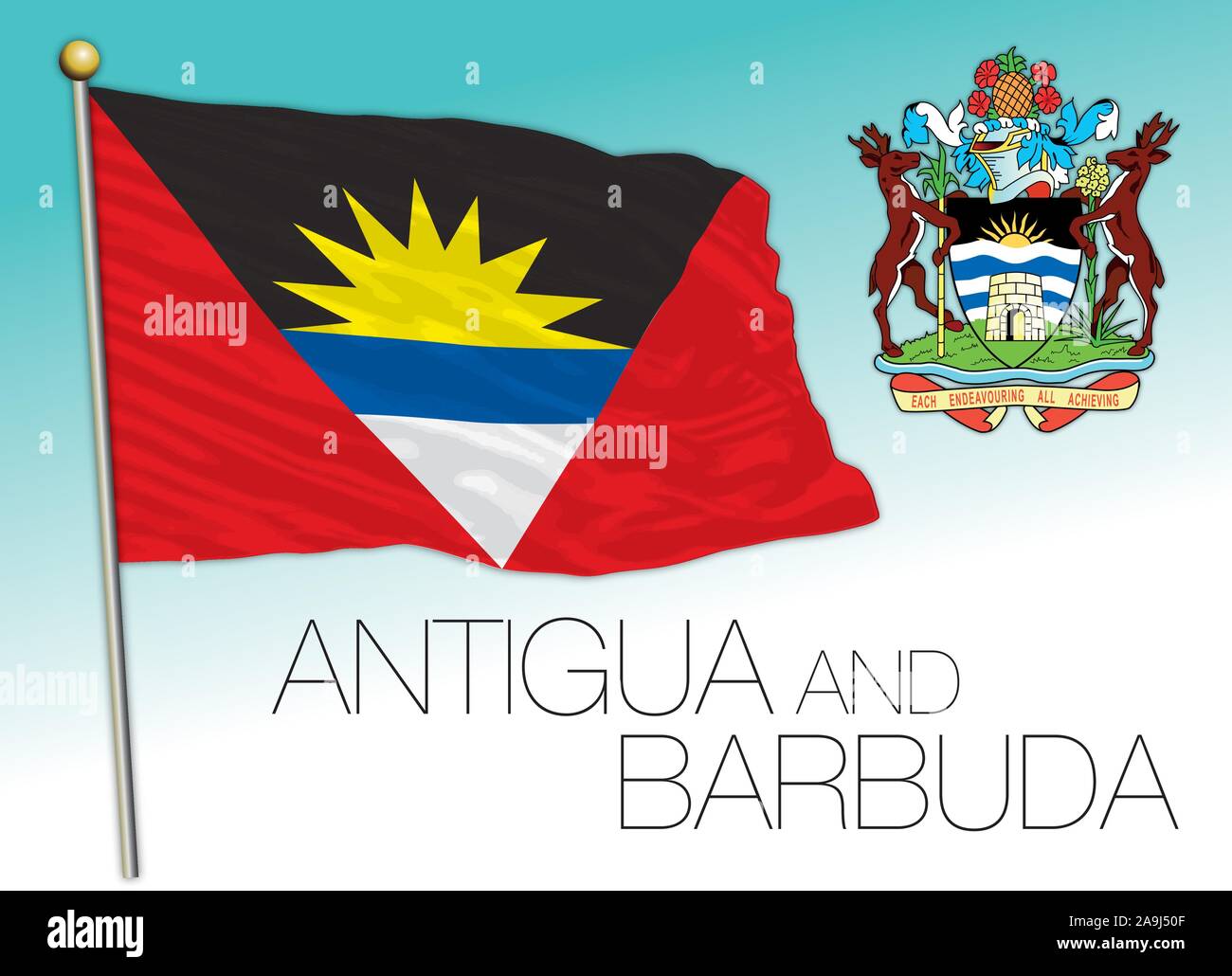 Antigua und Barbuda offizielle Flagge und Wappen, Vector Illustration Stock Vektor