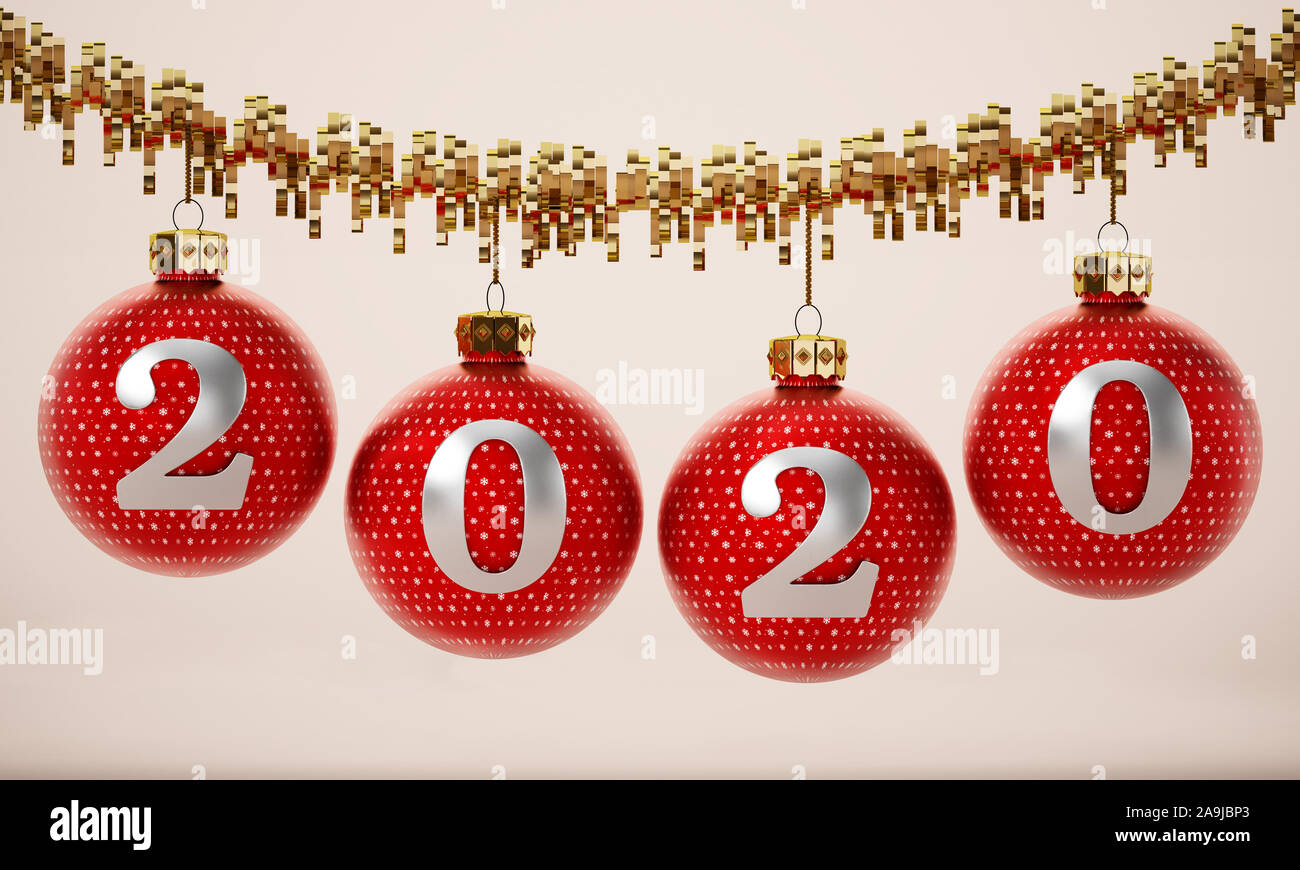 Anzahl 2020 rote Christbaumkugeln. 3D-Darstellung. Stockfoto