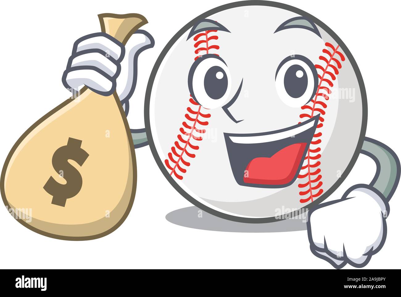 Cartoon Baseball mit in ein Zeichen halten Geld beutel Stock Vektor