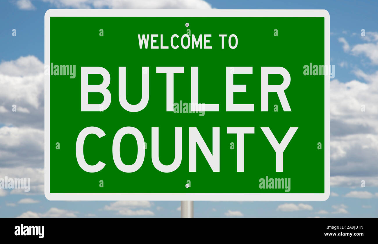Rendering von einem grünen 3d Autobahn Zeichen für Butler County Stockfoto