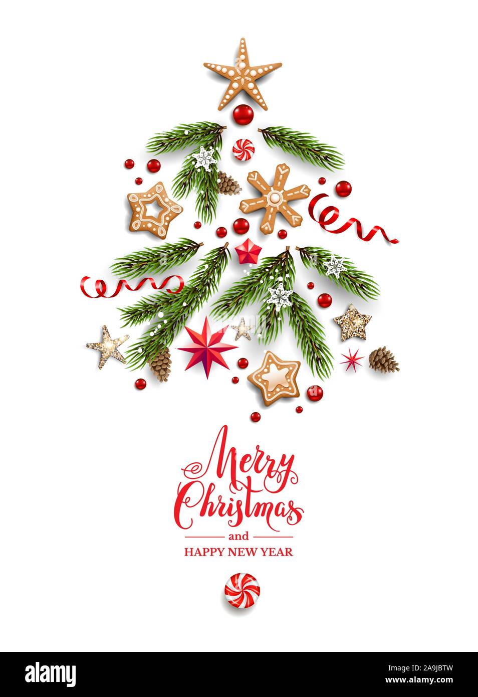 Weihnachtsbaum Silhouette aus realistischen Schneeflocken, Pine Tree Branches, Lebkuchen und Sterne flach auf weißem Hintergrund. Winter Grusskarten. Stock Vektor