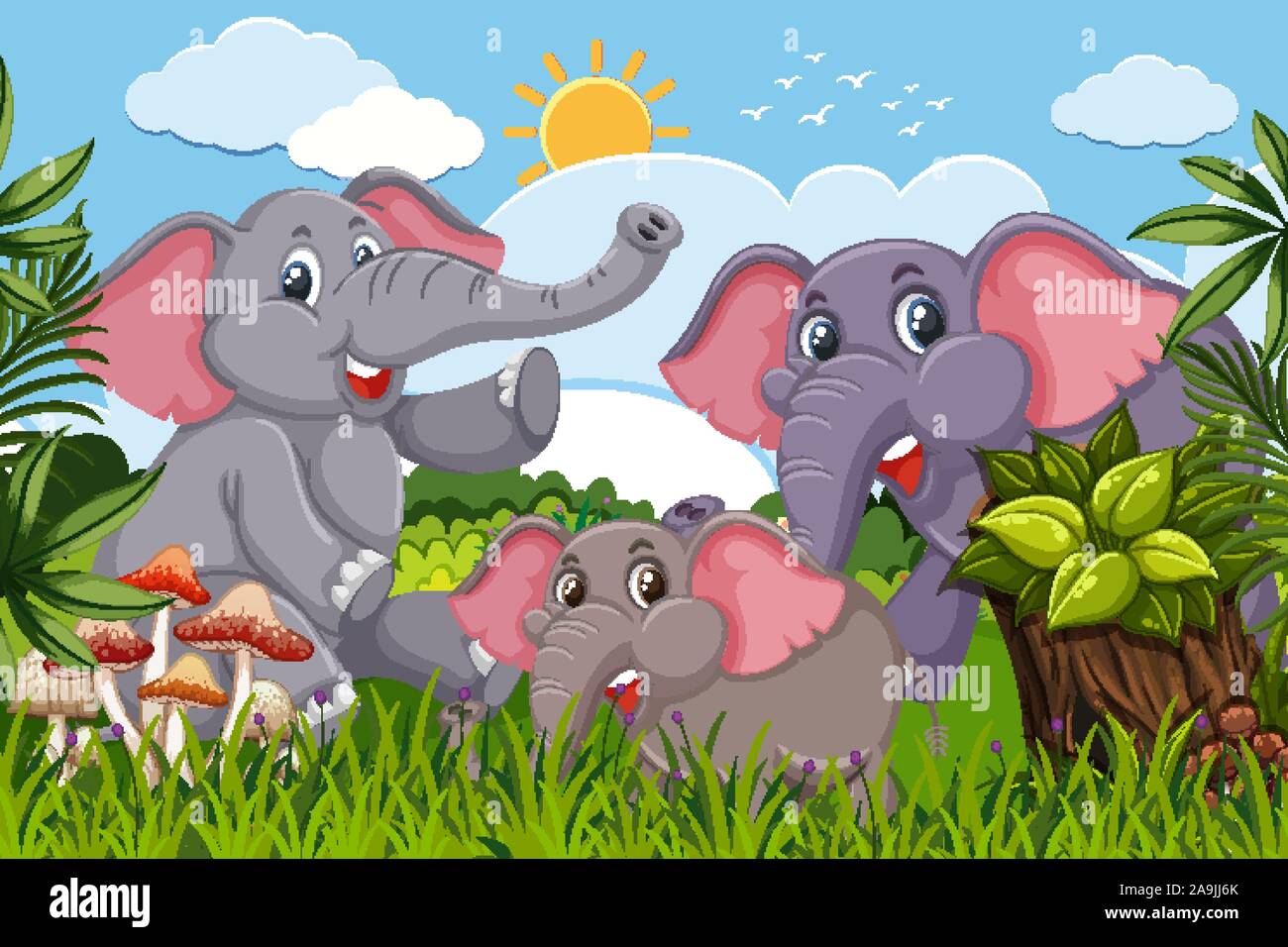 Elefanten in der Natur Szene Abbildung Stock Vektor