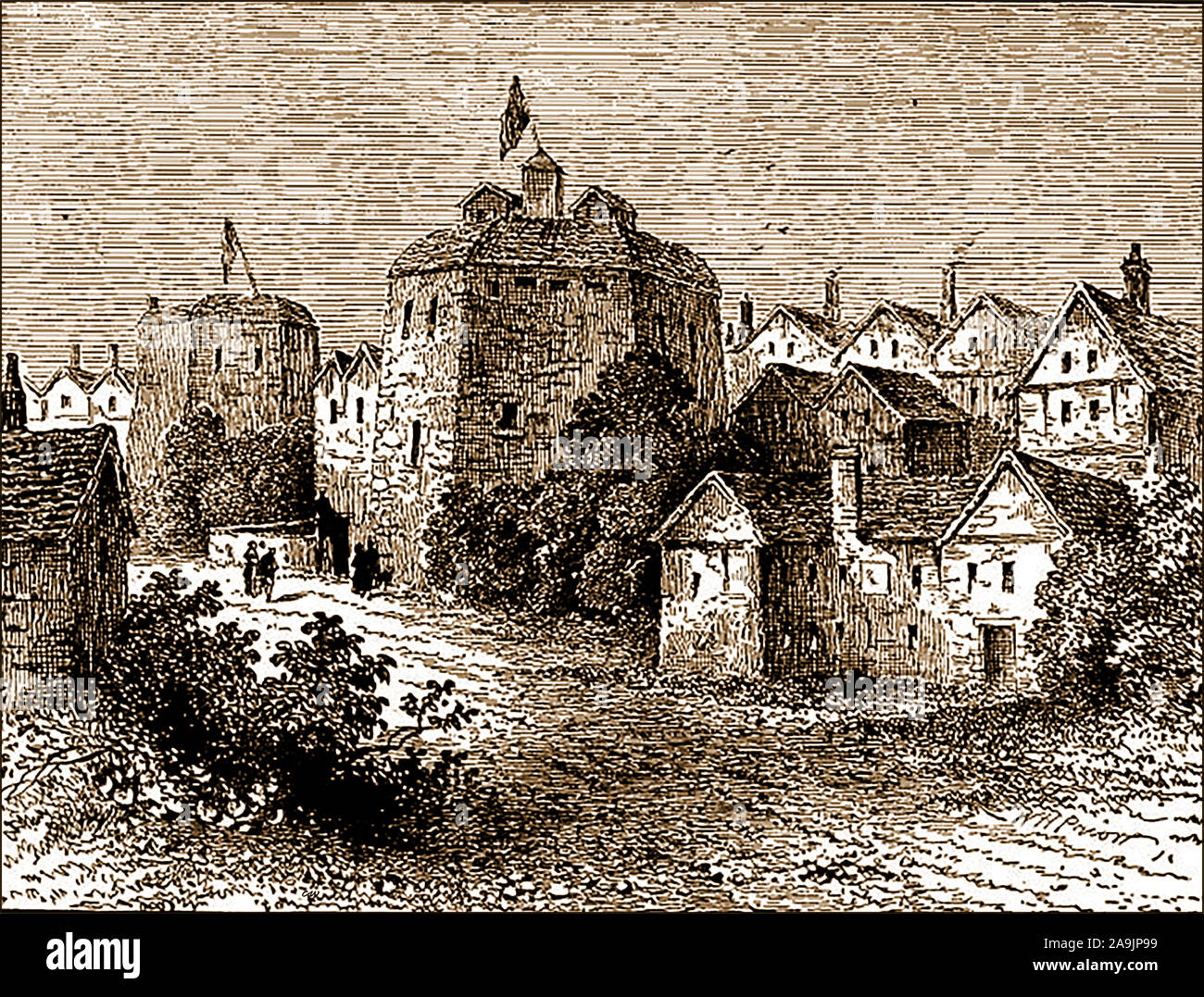 Ein historischer Stich zeigt die sechseckige Stein gebaut Globe Theatre, London, in der elisabethanischen Zeit. Es wurde 1599 von William Shakespeares spielen Unternehmen, die "Lord Chamberlain's Men", auf dem Land im Besitz von Thomas Brend gebaut. Das ursprüngliche Theater war aus Holz gebaut. Stockfoto