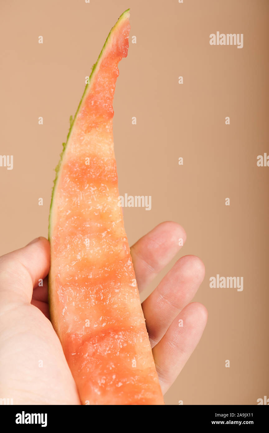 Wassermelone gegessen Schicht in der Nähe zu sehen. Stockfoto