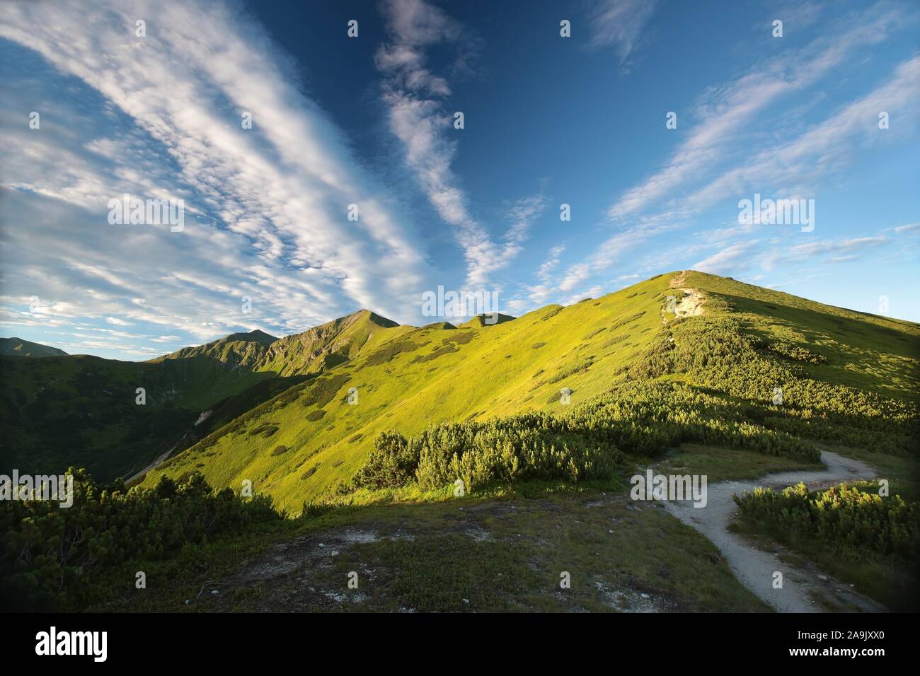 Gipfel der Tatra in der Morgendämmerung. Die Tatra sind die höchsten Gipfel der Karpaten auf die polnisch-slowakische Grenze. Stockfoto