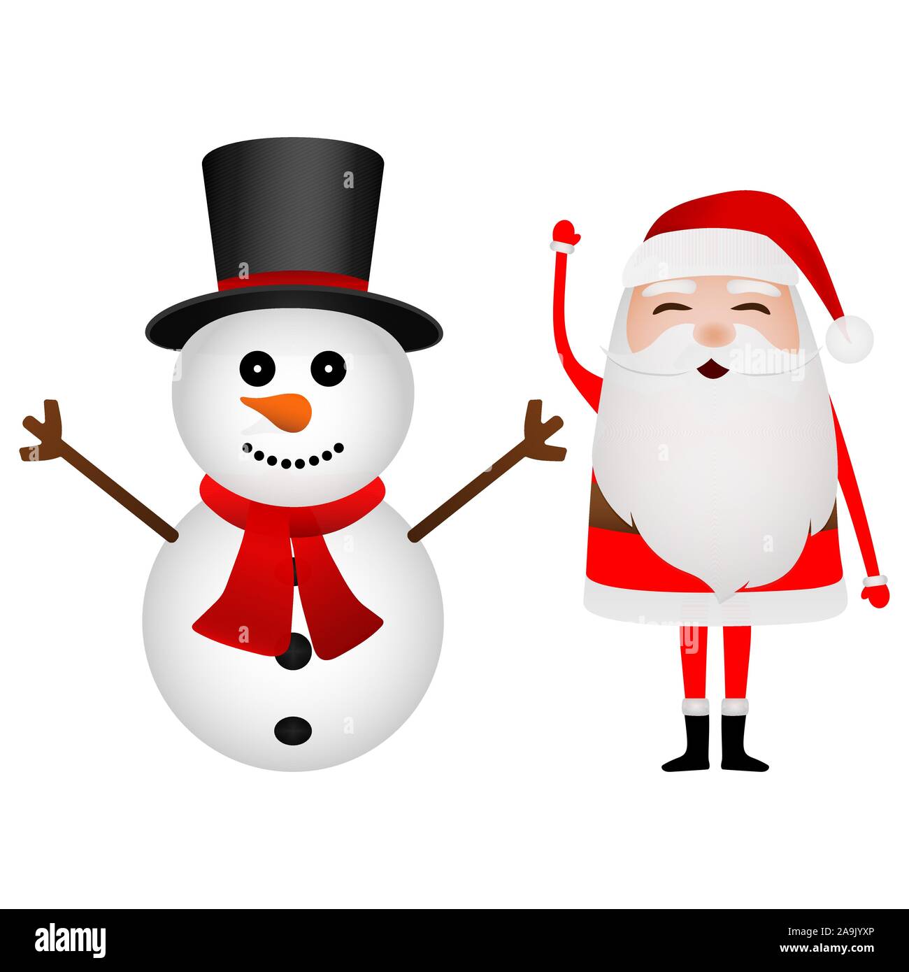 Cartoon lustige Weihnachtsmann und Schneemann winkende Hände auf weißen isoliert Stock Vektor