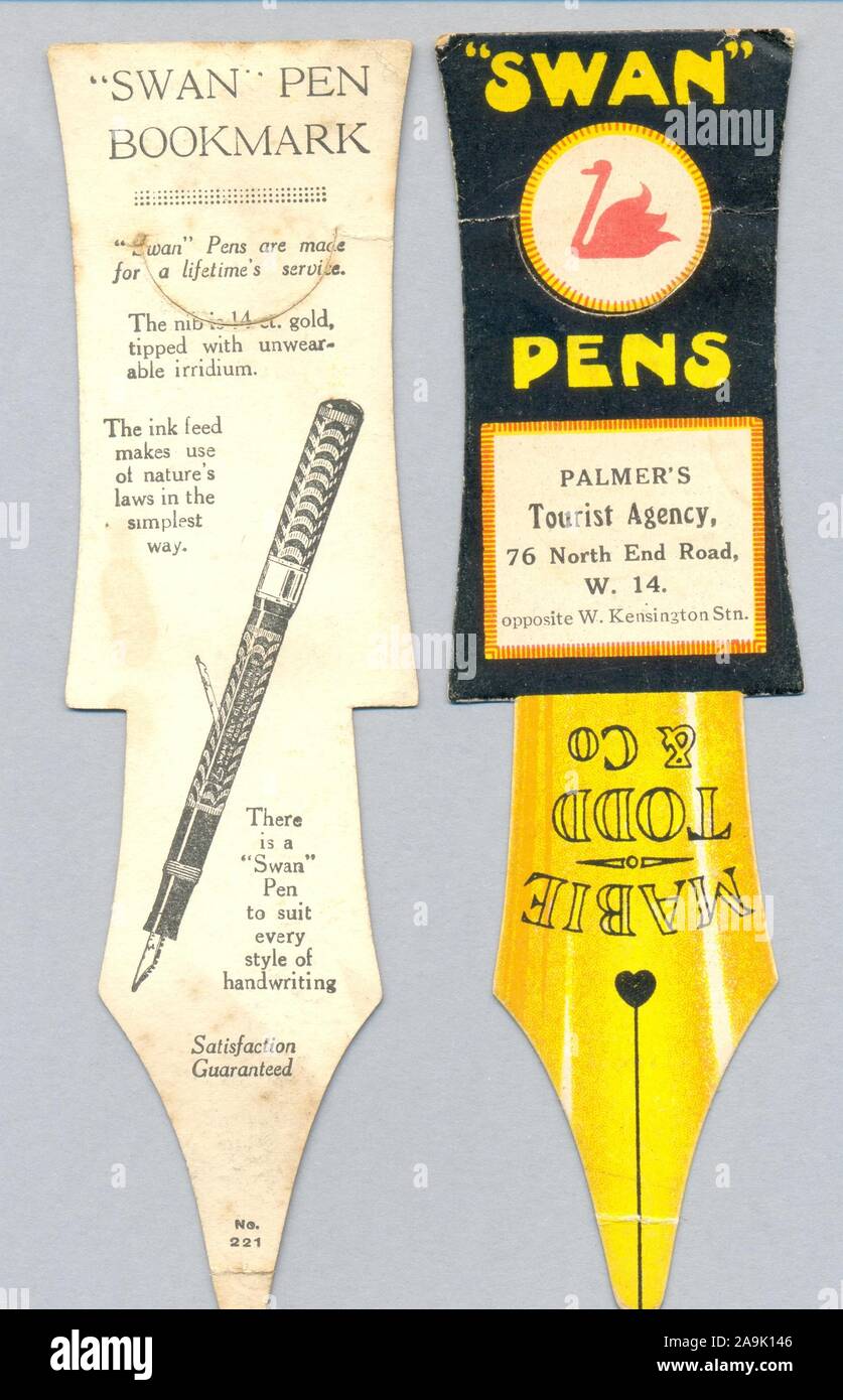 Wan-cut'S bookmarks Werbung "Schreibgeräte mit Vorder- und Rückseite ca. 1935 sterben Stockfoto