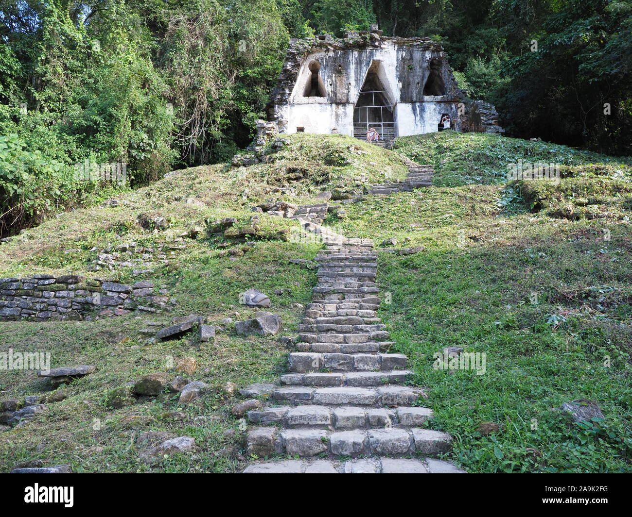 PALENQUE, MEXIKO IM FEBRUAR 2018: Malerische Tempel auf Blättrig Kreuz Pyramide an der alten Maya Nationalpark in der mexikanischen Stadt im Dschungel Landschaften Stockfoto