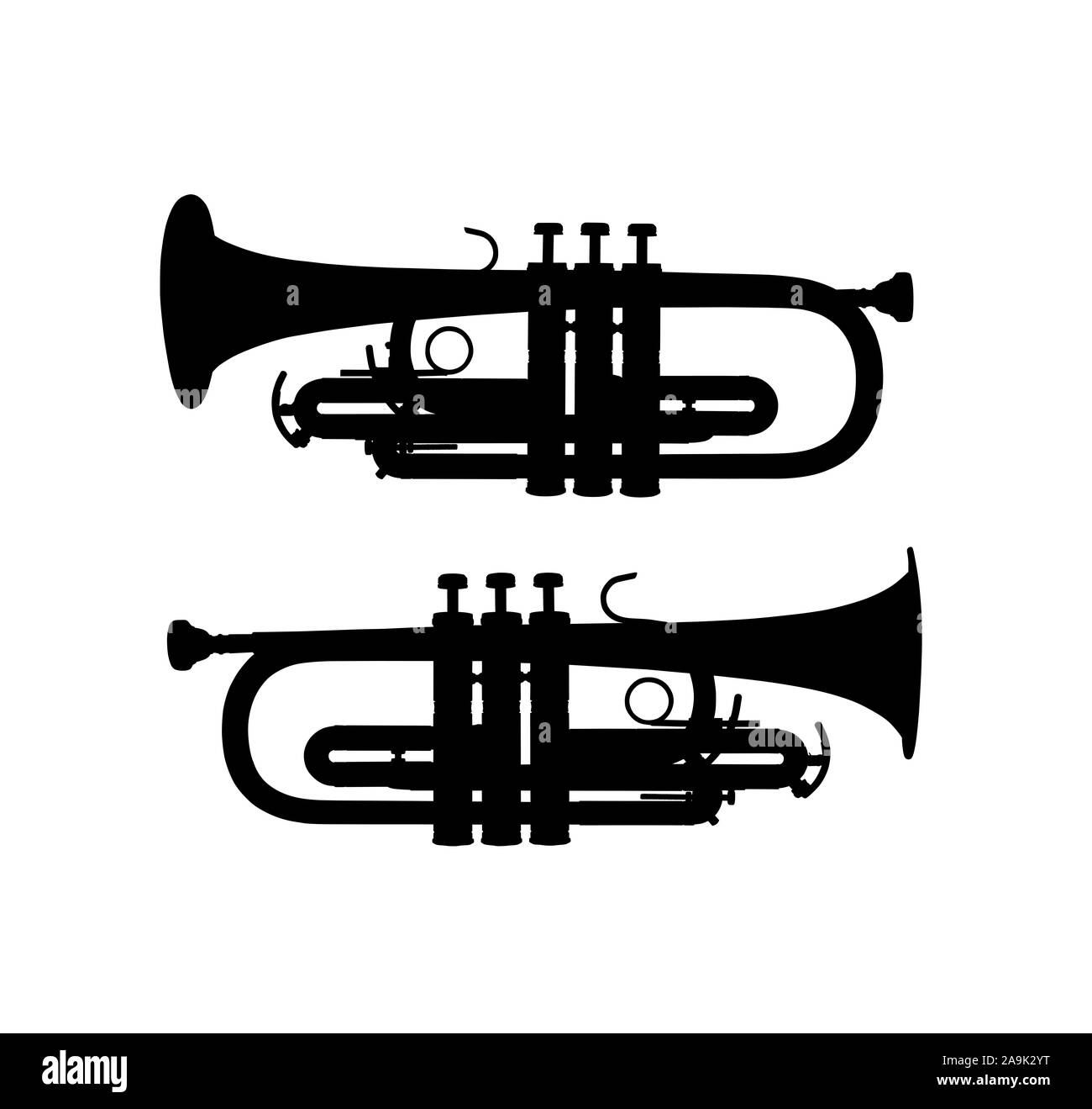 Silhouette von zwei seitlichen Blick auf einem silbernen Trompete Stockfoto
