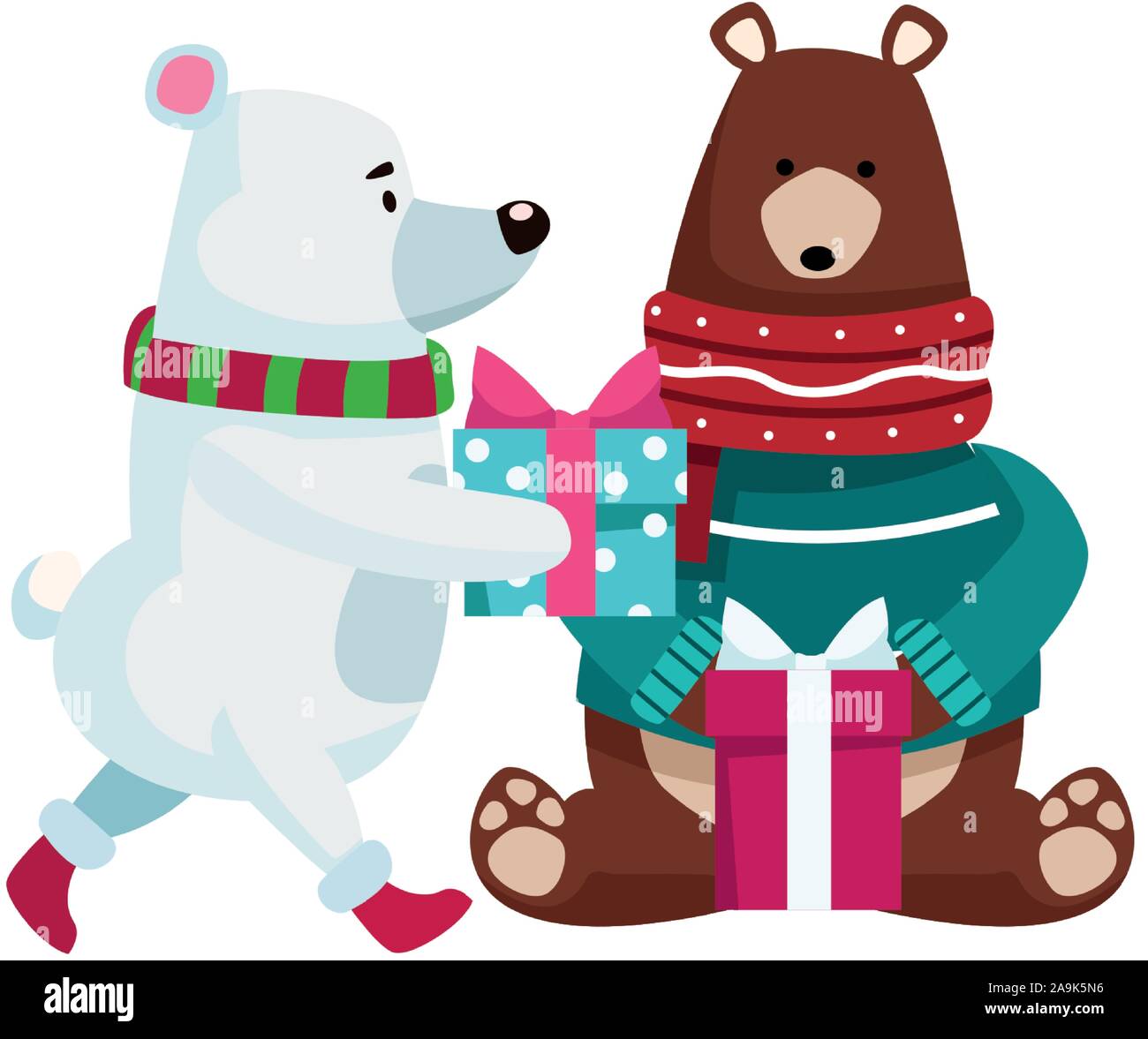 Weihnachten grizzly Bären mit Geschenkboxen, flache Bauweise Stock Vektor