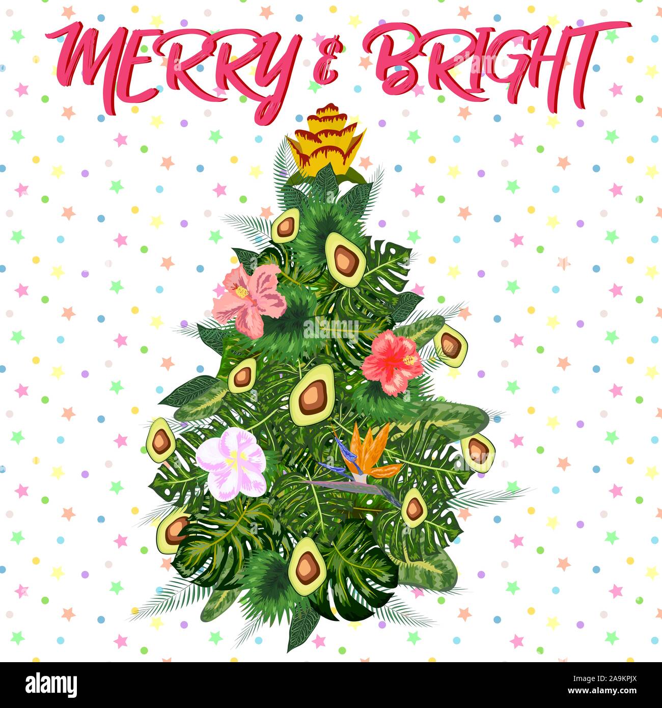 Tropische Weihnachten. Weihnachtsbaum aus Palmblättern und Avocado Stock Vektor