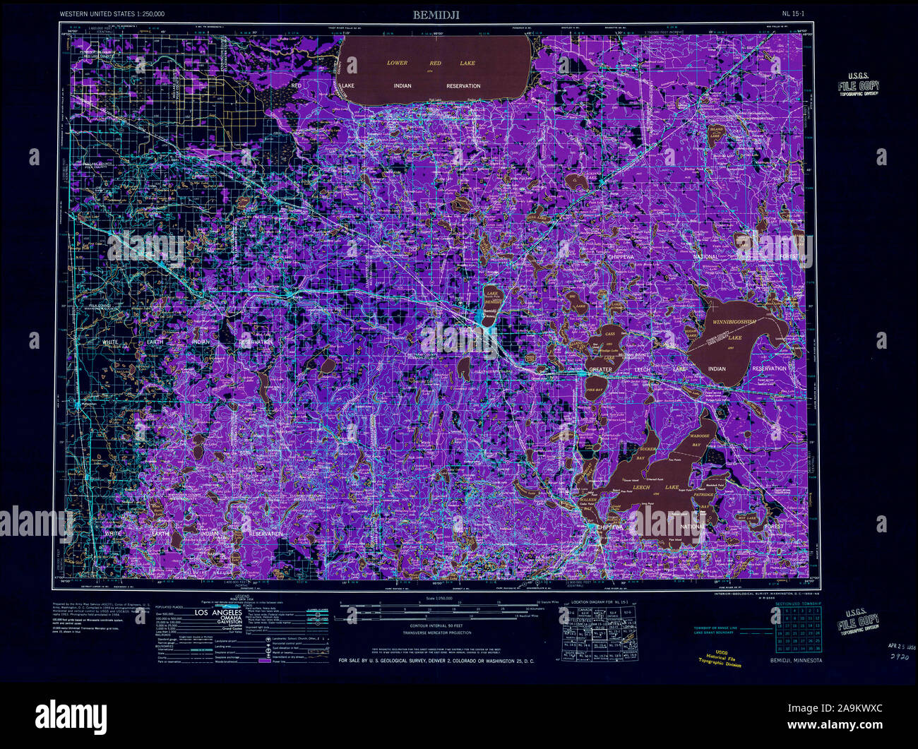 USGS TOPO Karte MInnesota MN Bemidji 804477 1958 250000 invertiert Wiederherstellung Stockfoto