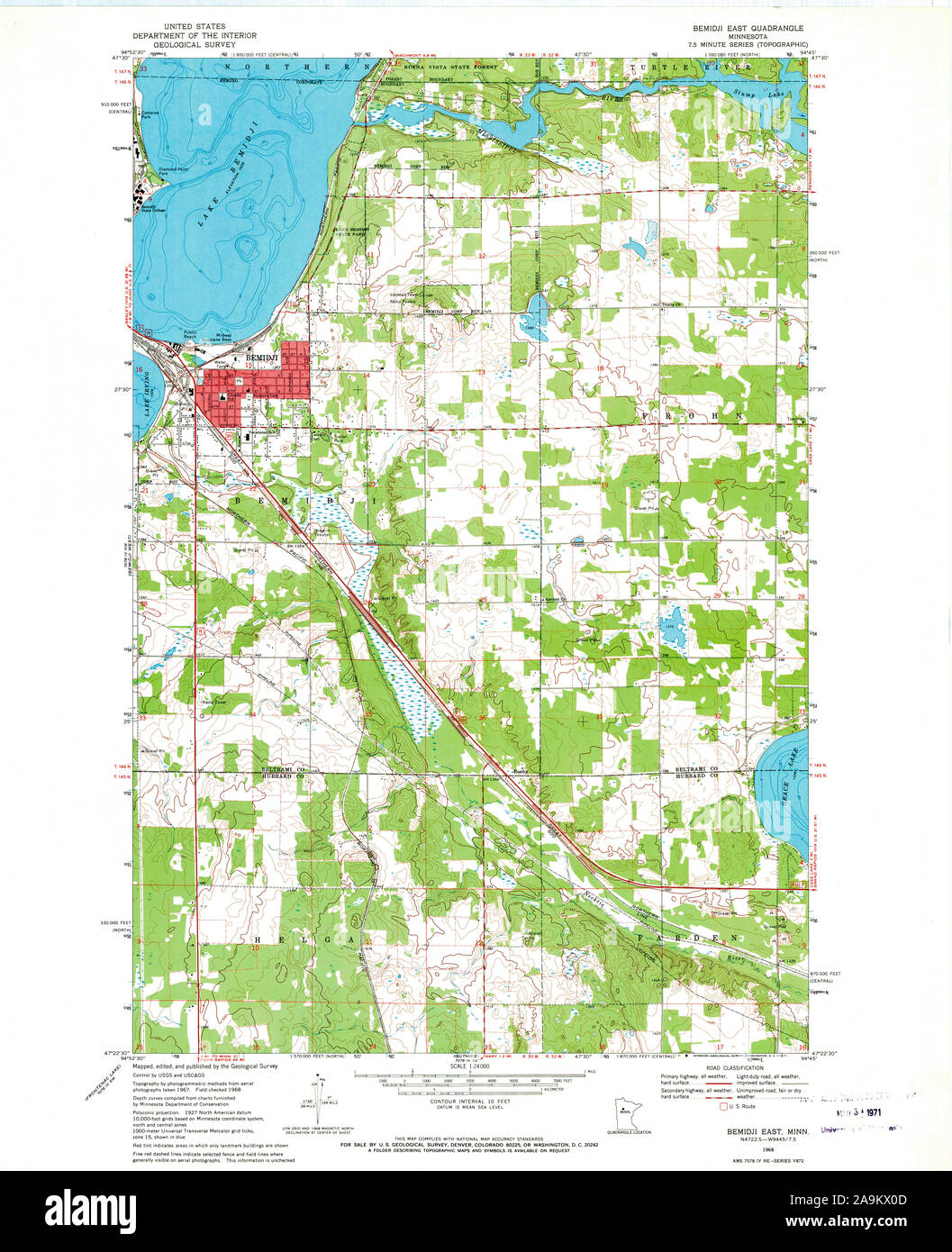 USGS TOPO Karte MInnesota MN Bemidji Osten 503919 1968 24000 Wiederherstellung Stockfoto