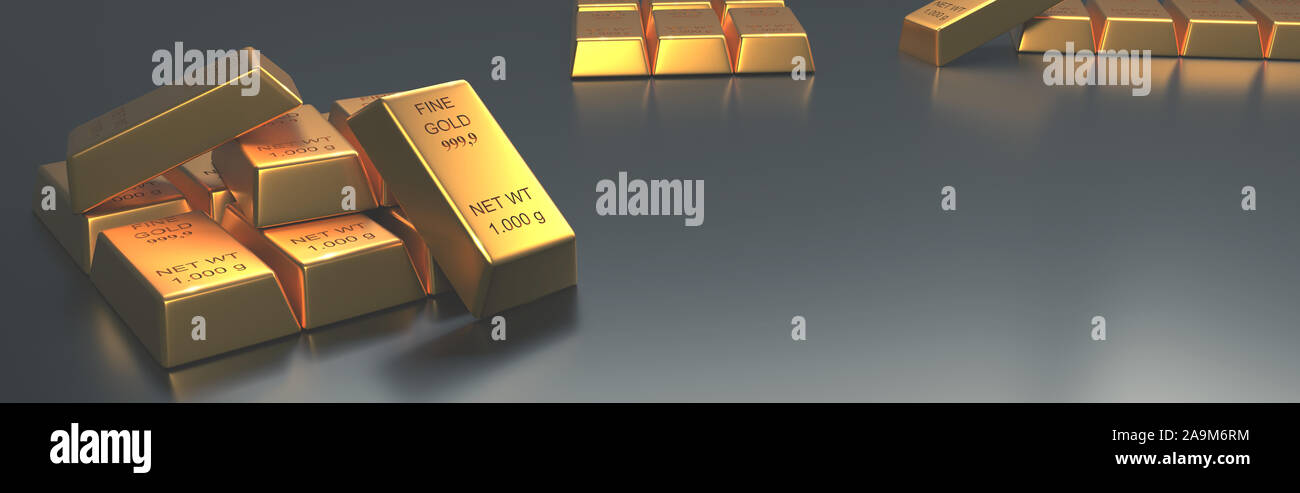 Gestapelte Gold Bars auf einem hellen Hintergrund, 3D-Rendering, Finanzkonzept Stockfoto