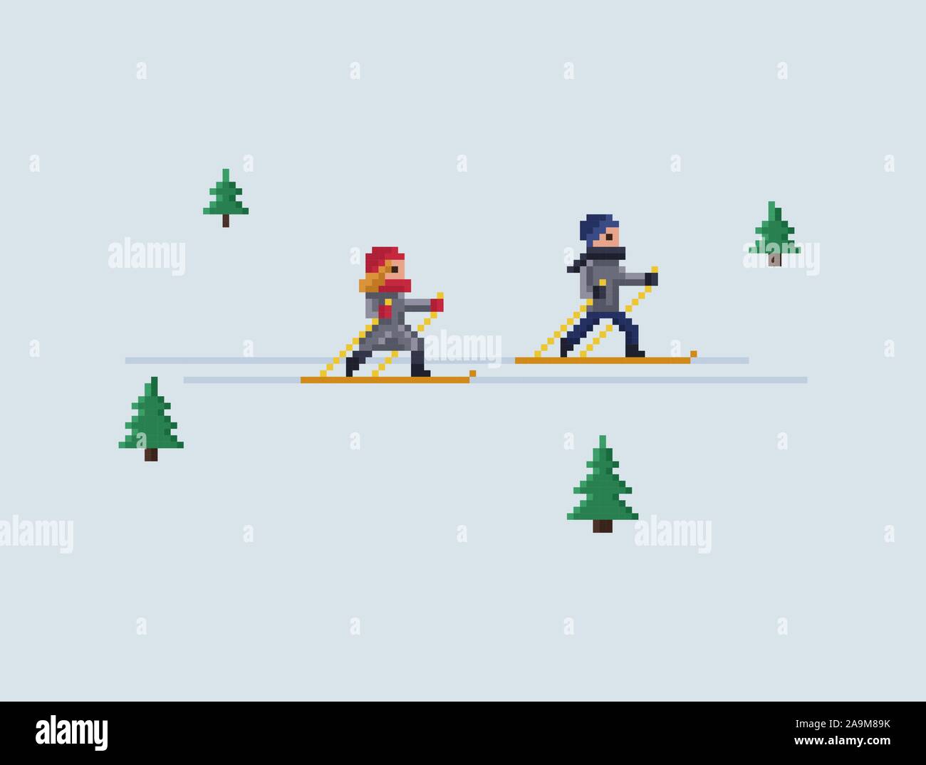 Pixel Art Vektor 8 Bit Illustration -Junge und Mädchen Skifahren Und weihnachtsbäume auf hellblauem Hintergrund Stock Vektor