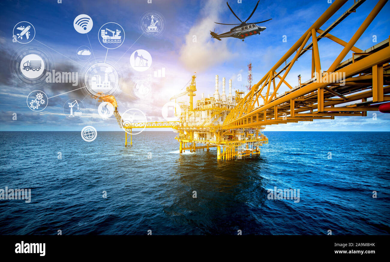 Double Exposure von Offshore Oil Rig Plattform Industrie Konzept Stockfoto